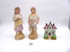 A Victorian Incense Burner in the shape of a house together with two Staffordshire Flat Backs