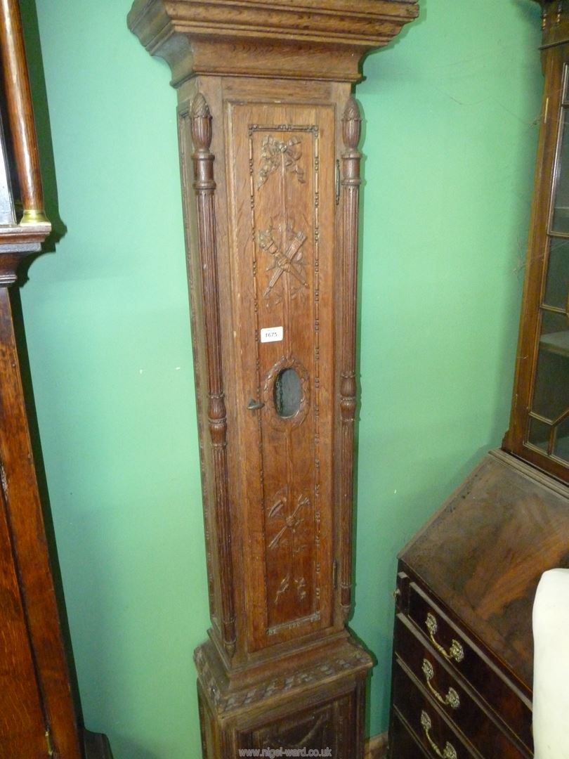 An unusually slender Oak cased long-case Clock, the case decorated in relief with bows and swags, - Image 7 of 7