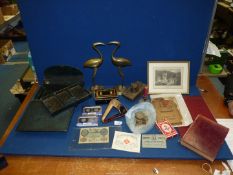 A quantity of miscellanea including a pair of brass bird figures, a travelling stationery case,