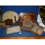 A quantity of miscellanea including inlaid and papier mache trays, vintage garden line,