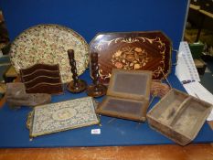 A quantity of miscellanea including inlaid and papier mache trays, vintage garden line,