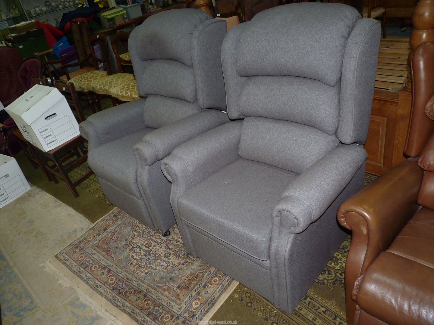 A pair of British made Armchairs upholstered in grey-blue weave type fabric,