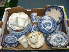 A quantity of china to include three Willow pattern tea cups, four saucers,