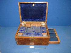 A Walnut vanity/writing Box, with blue velvet lined interior, two perfume bottles (one badly a/f),