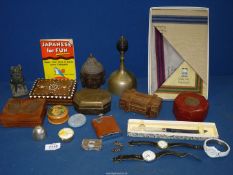 A quantity of miscellanea including brass bell, inlaid card boxes, trinket pots, Buddha head,