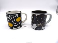 Two Royal Copenhagen pottery mugs with silver inserts to base, stamped 925 Denmark.