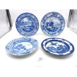 Two old blue and white plates and two soup dishes including one in Buffalo pattern,