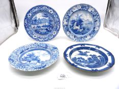 Two old blue and white plates and two soup dishes including one in Buffalo pattern,
