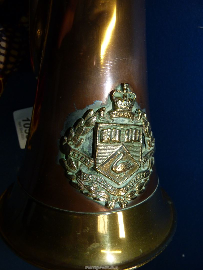 An early 20th century Australian University of Perth copper and brass Bugle having a brass Coat of - Image 3 of 5