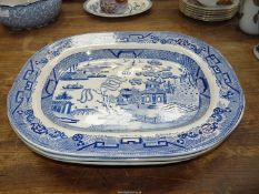 Three Willow pattern meat plates, some crazing and wear.