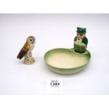 A Goebel dish with little man in green plus a Goebel Owl.