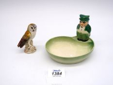 A Goebel dish with little man in green plus a Goebel Owl.