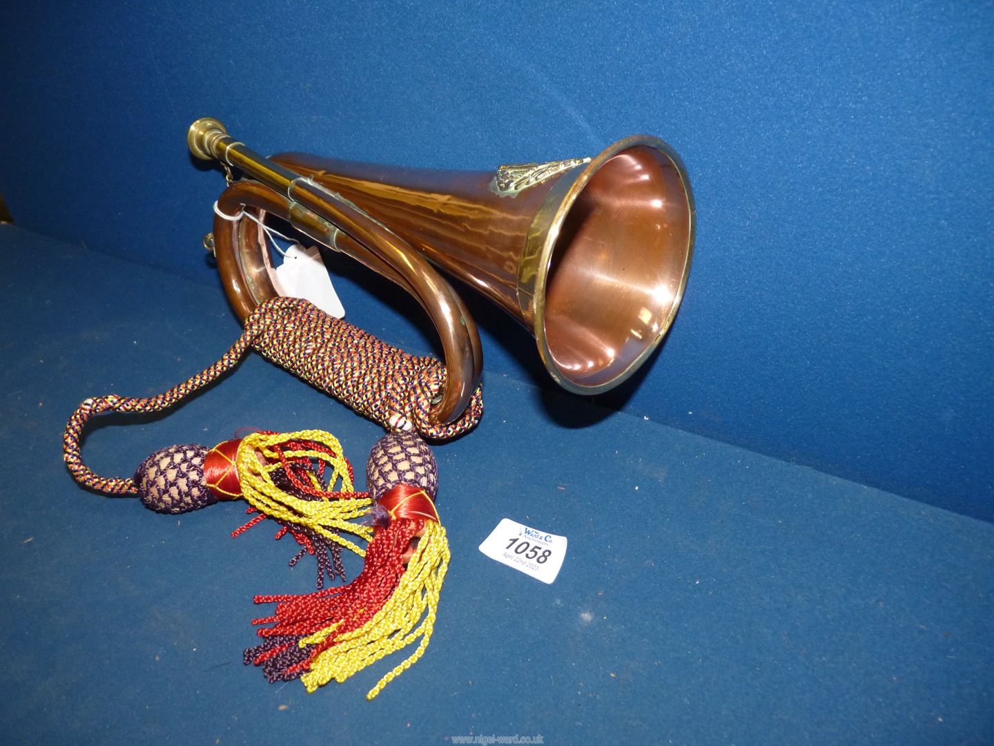 An early 20th century Australian University of Perth copper and brass Bugle having a brass Coat of - Image 2 of 5