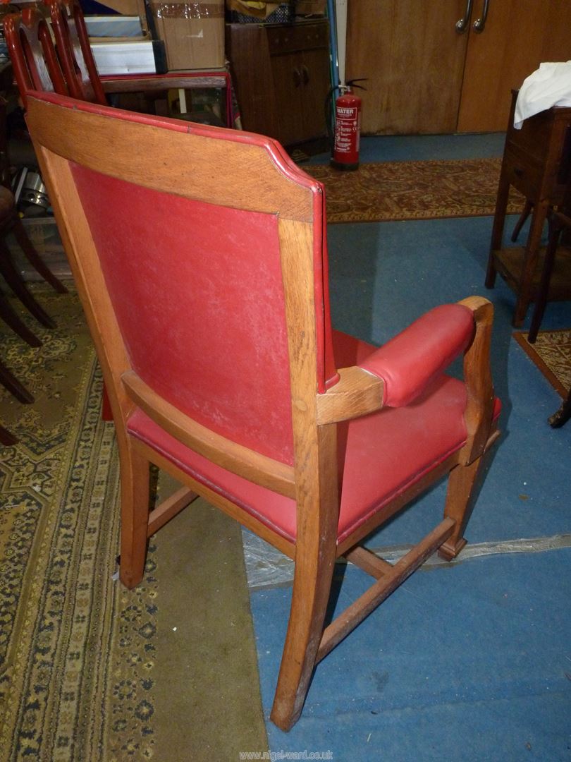 An Oak framed deep red upholstered office Armchair standing on tapering square legs and with "H" - Image 3 of 4