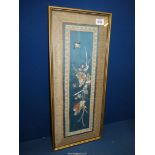 A framed Chinese embroidered panel, 24'' high x 10'' wide including frame.