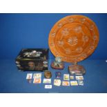 An Oriental jewellery box depicting a boy and fish, Oriental pill box, small box of stamps,