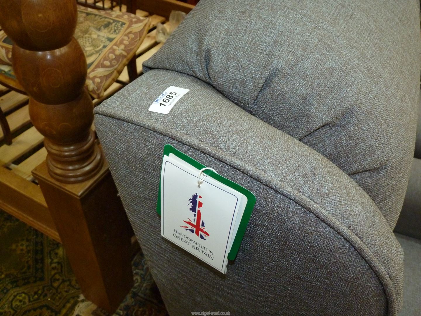 A pair of British made Armchairs upholstered in grey-blue weave type fabric, - Image 4 of 4