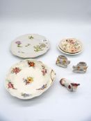 A small quantity of china including plate with indistinct Derby marks, fairings, saucers, etc.