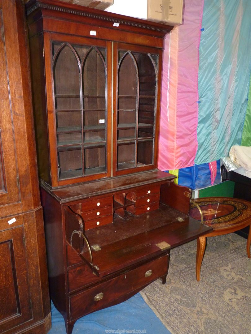 A compact and desirable Mahogany secretaire Bookcase having Gothic arch shaped glazed doors (one - Image 2 of 4