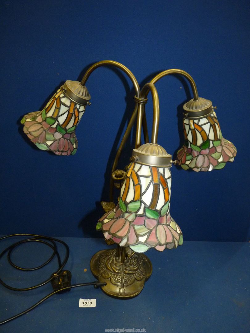 A three branch contemporary Tiffany style table lamp with three floral shades in pinks and green, - Image 2 of 5