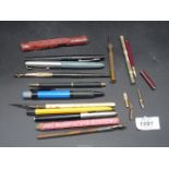 A quantity of Pens including Parker fountain pen, propelling pencil, nibs, wax stick, etc.