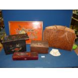 A vintage snakeskin handbag (a/f), boxes including lacquered, painted with sliding lid,