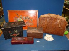 A vintage snakeskin handbag (a/f), boxes including lacquered, painted with sliding lid,