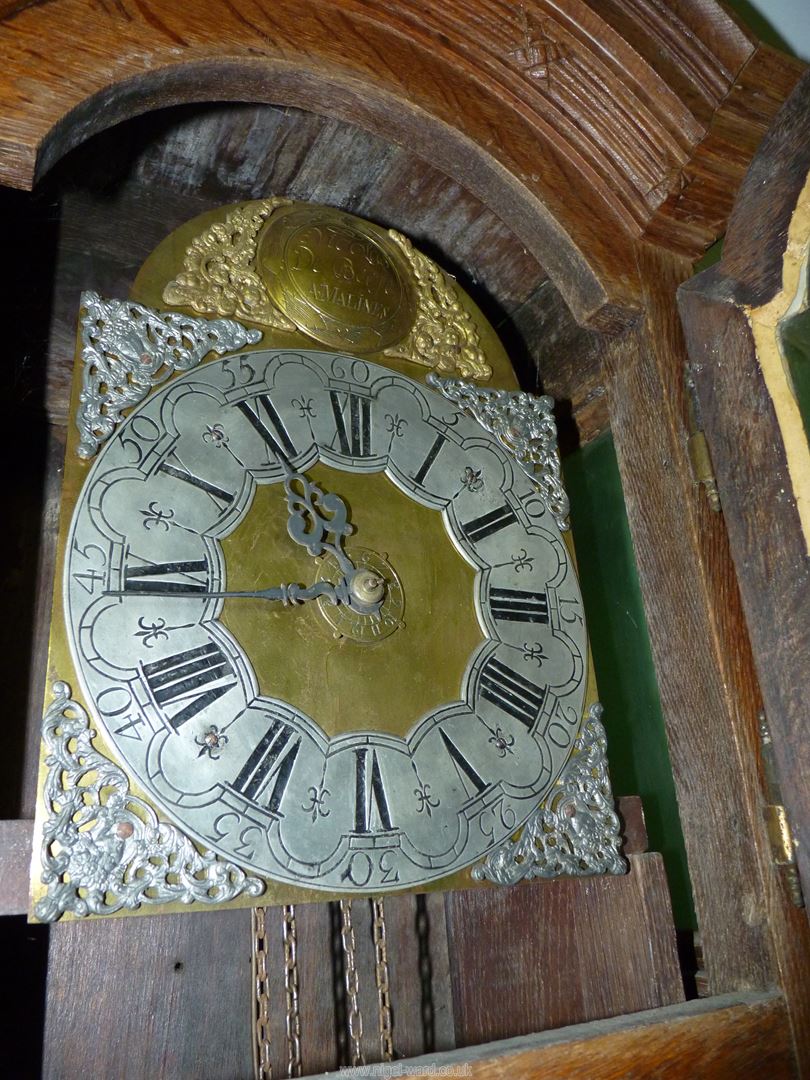 An unusually slender Oak cased long-case Clock, the case decorated in relief with bows and swags, - Image 3 of 7