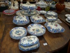 A Copeland Spode dinner service with blue and pink floral design with blue border including a large