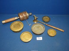 A quantity of four scale weights plus Tibetan Prayer wheel and a Candle snuffer.
