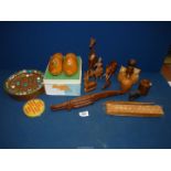 A quantity of wooden animals and games including Marble game, pair of children's clogs, pots,