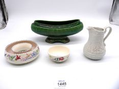 A green Majolica boat shaped posy vase (10" long), a Portmeirion 'Parian' moulded jar,