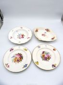 Four Derby porcelain items including two dinner plates,