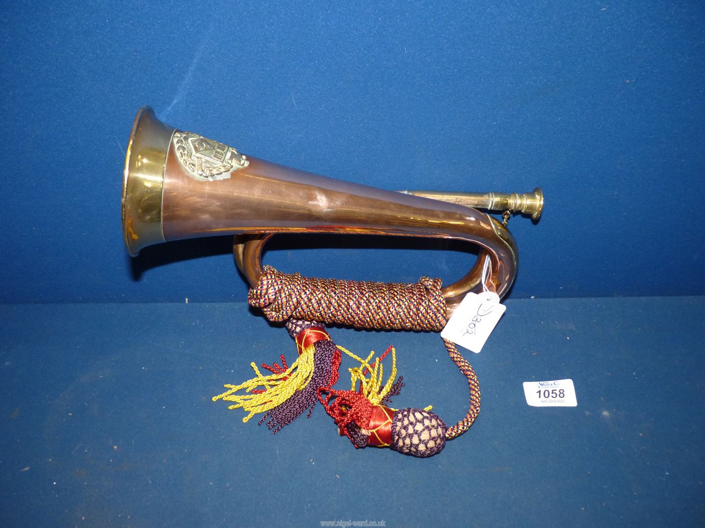An early 20th century Australian University of Perth copper and brass Bugle having a brass Coat of - Image 4 of 5