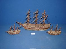 Three hobby made model ships, two with cork hulls.