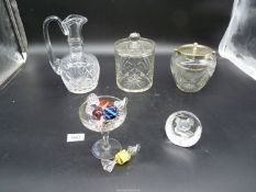 A small quantity of glass to include; two biscuit barrels with lids, Babycham glass, a jug,