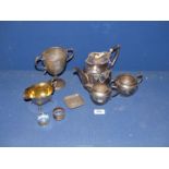 A pewter ashtray and cup and a quantity of silver plated items including a presentation teapot,