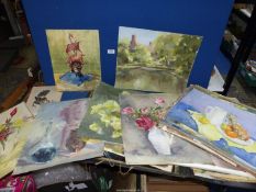 A quantity of unframed Watercolours to include still lifes and landscapes, some signed E.M.
