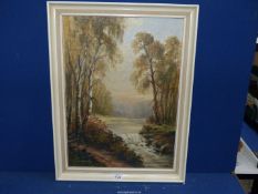 A framed Oil on board depicting a fast flowing river and waterfall between tree lined banks and a