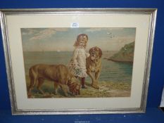 A framed and mounted Coloured Lithograph of a young girl with two large dogs on a coastal path,
