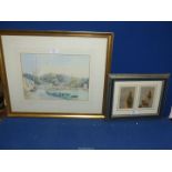 A framed picture of two postcards depicting seascapes and a framed and mounted Watercolour of