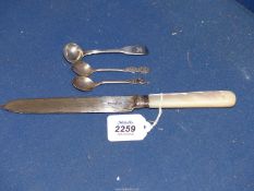A small quantity of silver hallmarked and 925 cutlery including Sheffield bread knife with mother