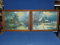 A pair or Prints depicting Cottages in night time winter scenes.