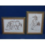 A pair of Leslie Bruce Horse Prints of comical Horse Rider cartoons.