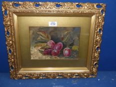 A carved gilt framed Oil painting depicting a Still Life of Plums, initialed lower right 'D.V.B'.