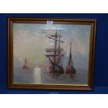 A 20th Century Oil on canvas depicting a large sailing frigate at anchor next to two smaller ships,