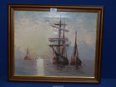 A 20th Century Oil on canvas depicting a large sailing frigate at anchor next to two smaller ships,
