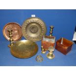 A quantity of brass to include two candlesticks, two boxes, bird, horse brass dish,