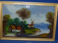 A Painting on glass depicting a river scene with cottages and a windmill.