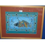 A colourful framed and mounted Aboriginal Oil painting depicting three figures netting a large fish,
